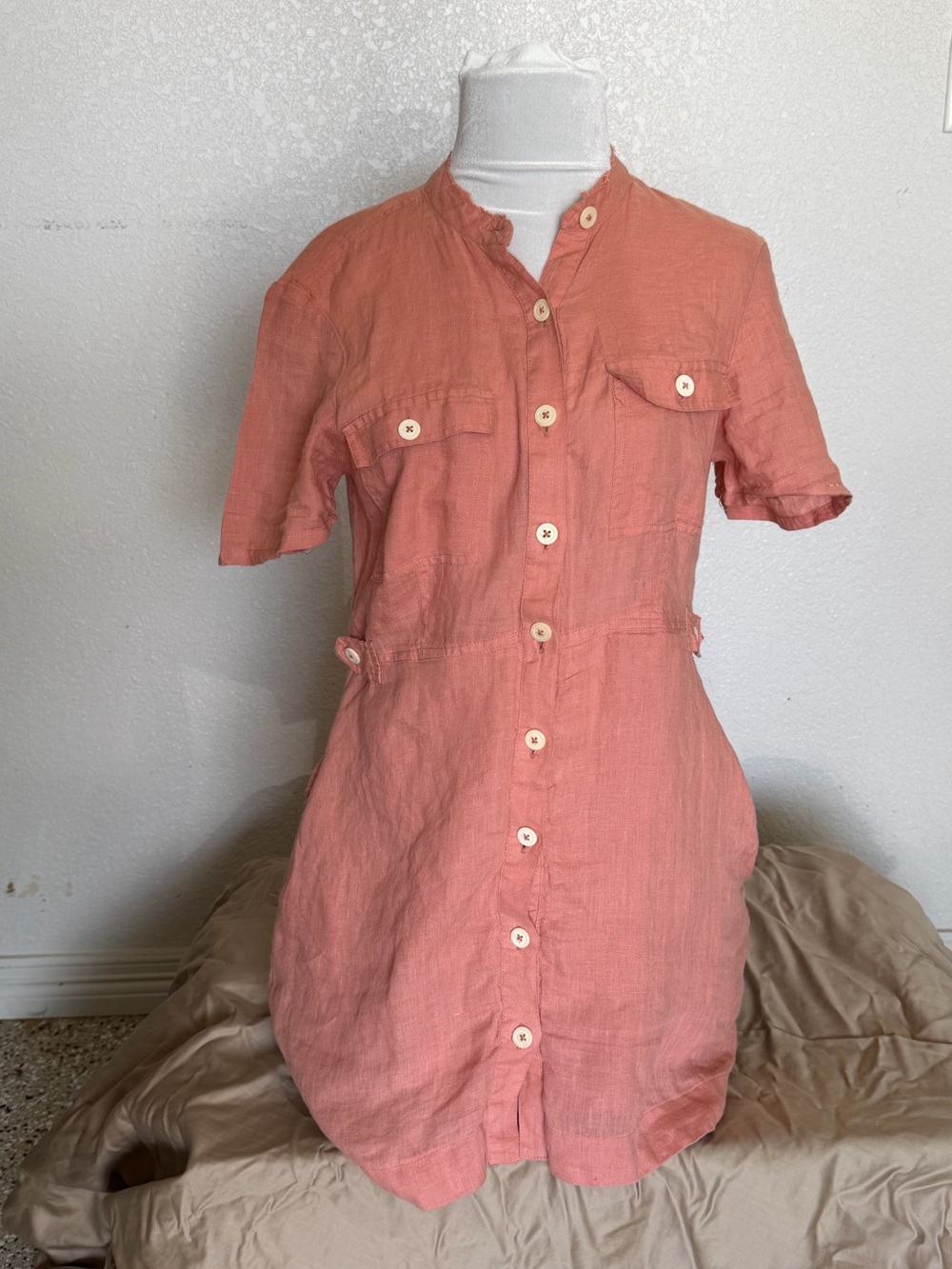 Free People Linen Blend Shirt Dress XS Coral Utility Button Front Tunic - Picture 2 of 12